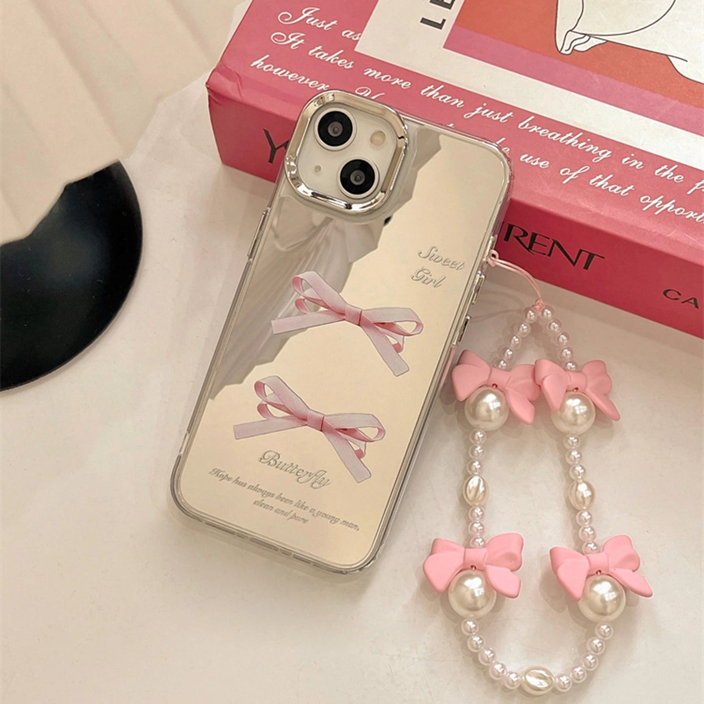 Two Pink Bow Mirror Phone Cases For IPhone 15 14 13 12 11 Drop Resistant Mirror Phone Cases With Bow Chain