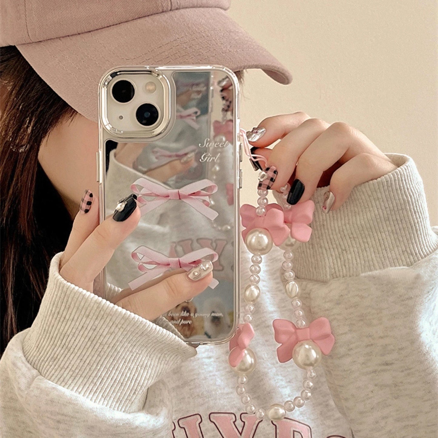 Two Pink Bow Mirror Phone Cases For IPhone 15 14 13 12 11 Drop Resistant Mirror Phone Cases With Bow Chain