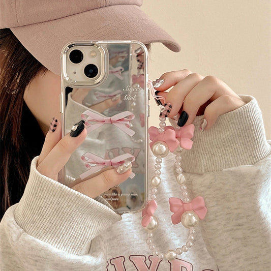 Two Pink Bow Mirror Phone Cases For IPhone 15 14 13 12 11 Drop Resistant Mirror Phone Cases With Bow Chain